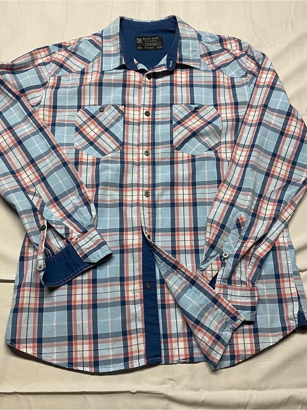 Men's Plaid Button-Down Shirt in Light Blue, Navy & Red - Casual